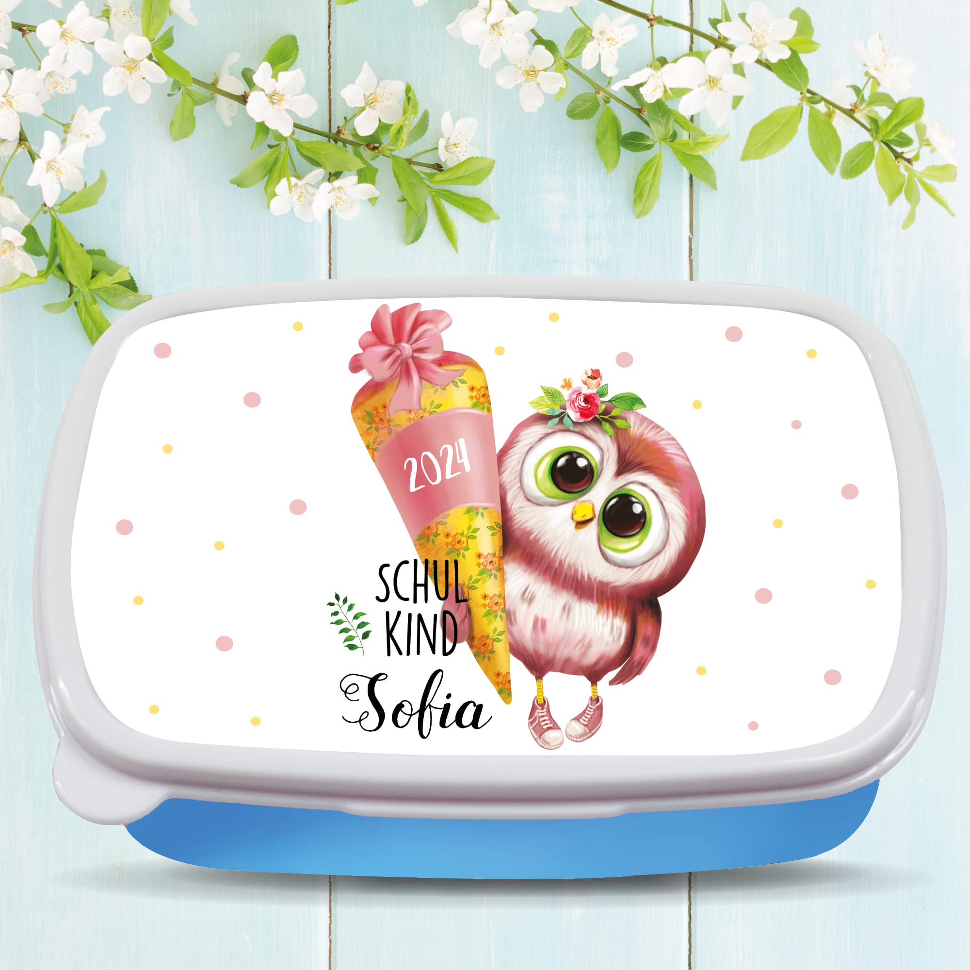 Auf dem Bild ist das Produkt: Personalisierte Brotdose Vogel Eule mit Schultüte anpassbar mit Wunschnamen kratz- und bruchsicher Geschenk Einschulung Geburtstag Schulanfang zum Preis von €19.9 abgebildet.