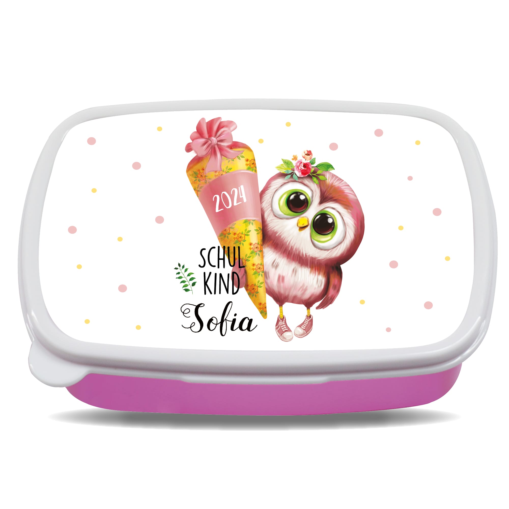 Auf dem Bild ist das Produkt: Personalisierte Brotdose Vogel Eule mit Schultüte anpassbar mit Wunschnamen kratz- und bruchsicher Geschenk Einschulung Geburtstag Schulanfang zum Preis von €19.9 abgebildet.