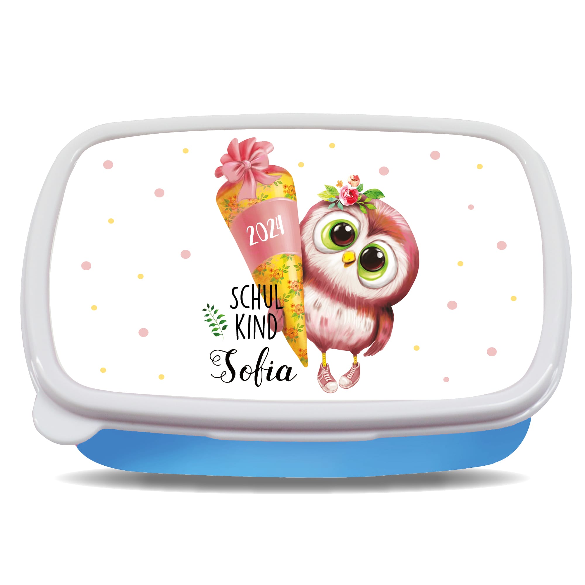 Auf dem Bild ist das Produkt: Personalisierte Brotdose Vogel Eule mit Schultüte anpassbar mit Wunschnamen kratz- und bruchsicher Geschenk Einschulung Geburtstag Schulanfang zum Preis von €19.9 abgebildet.