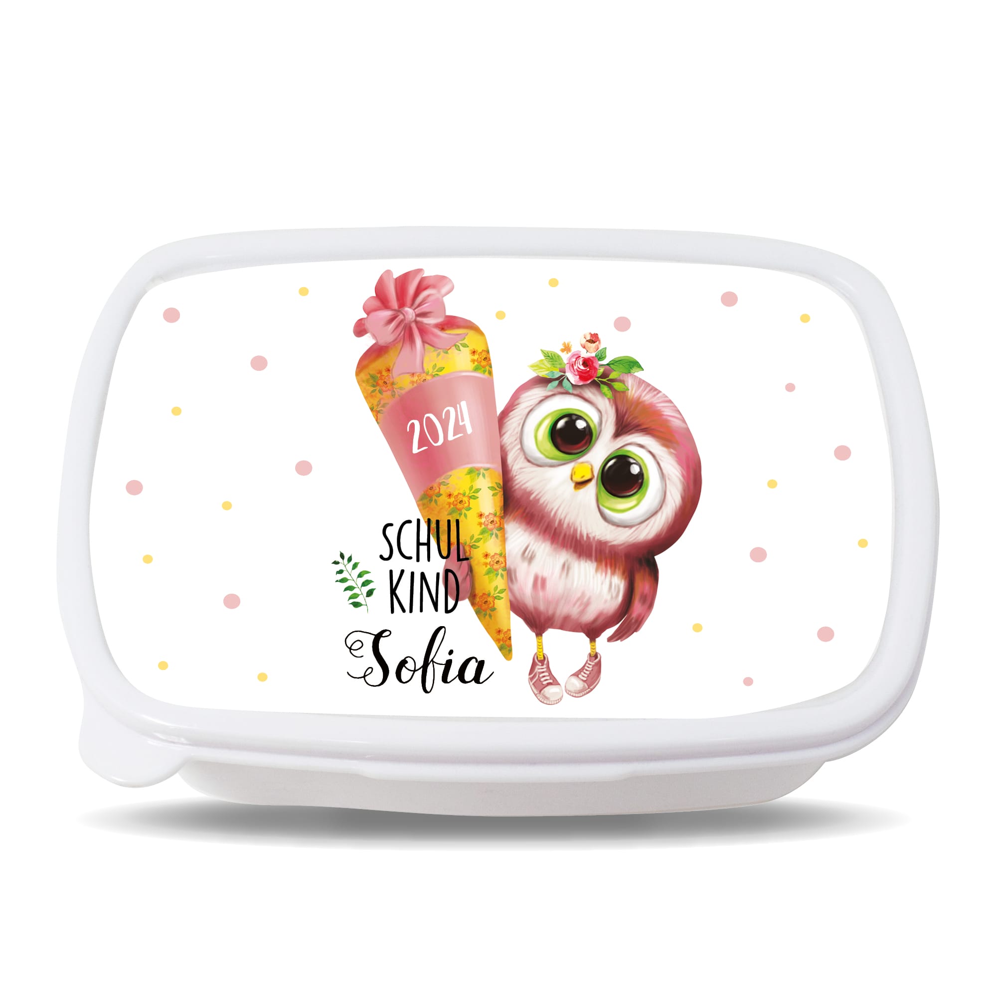 Auf dem Bild ist das Produkt: Personalisierte Brotdose Vogel Eule mit Schultüte anpassbar mit Wunschnamen kratz- und bruchsicher Geschenk Einschulung Geburtstag Schulanfang zum Preis von €19.9 abgebildet.