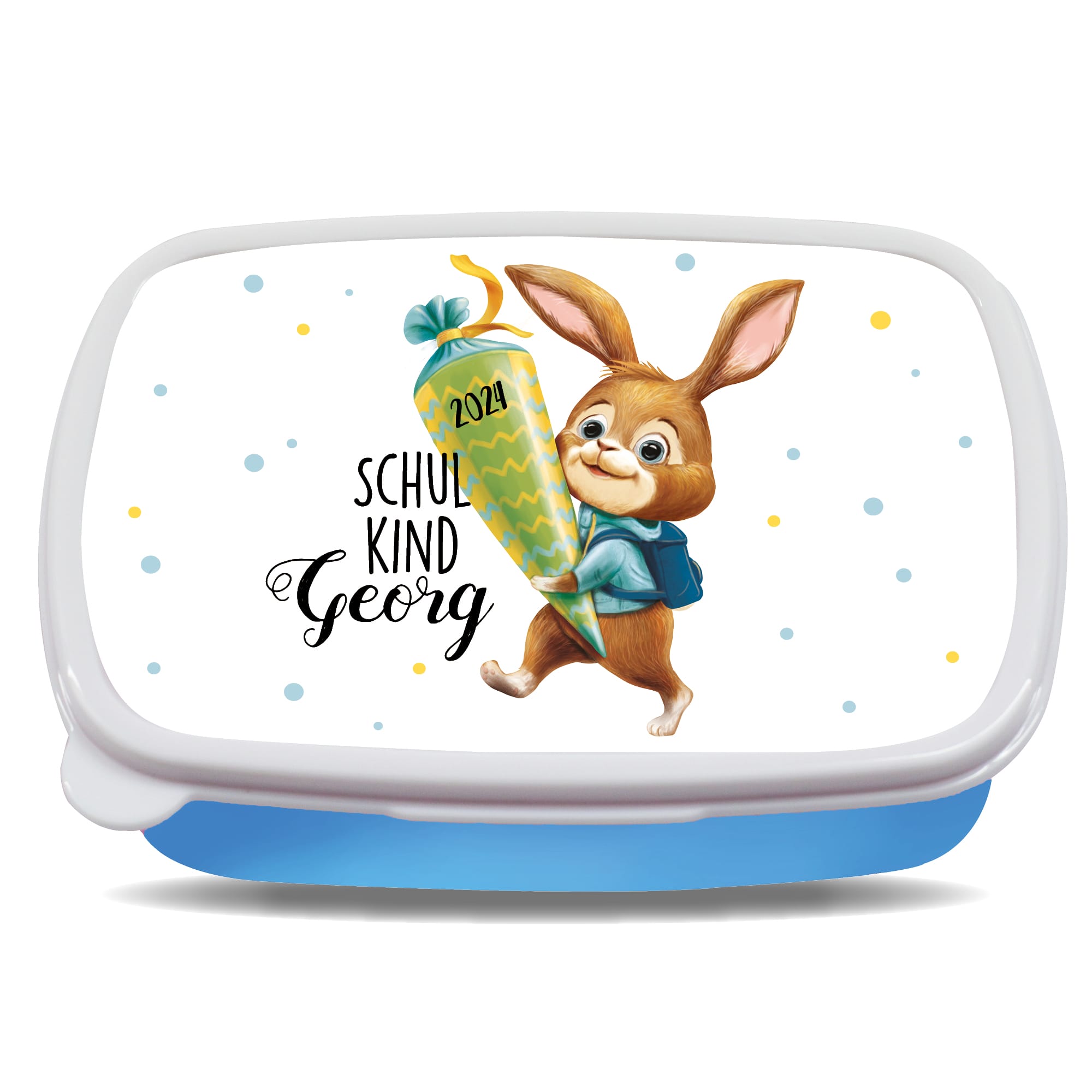 Auf dem Bild ist das Produkt: Personalisierte Brotdose Hase mit Schultüte anpassbar mit Namen kratz- und bruchsicher Geschenk Einschulung Schulanfang zum Preis von €19.9 abgebildet.