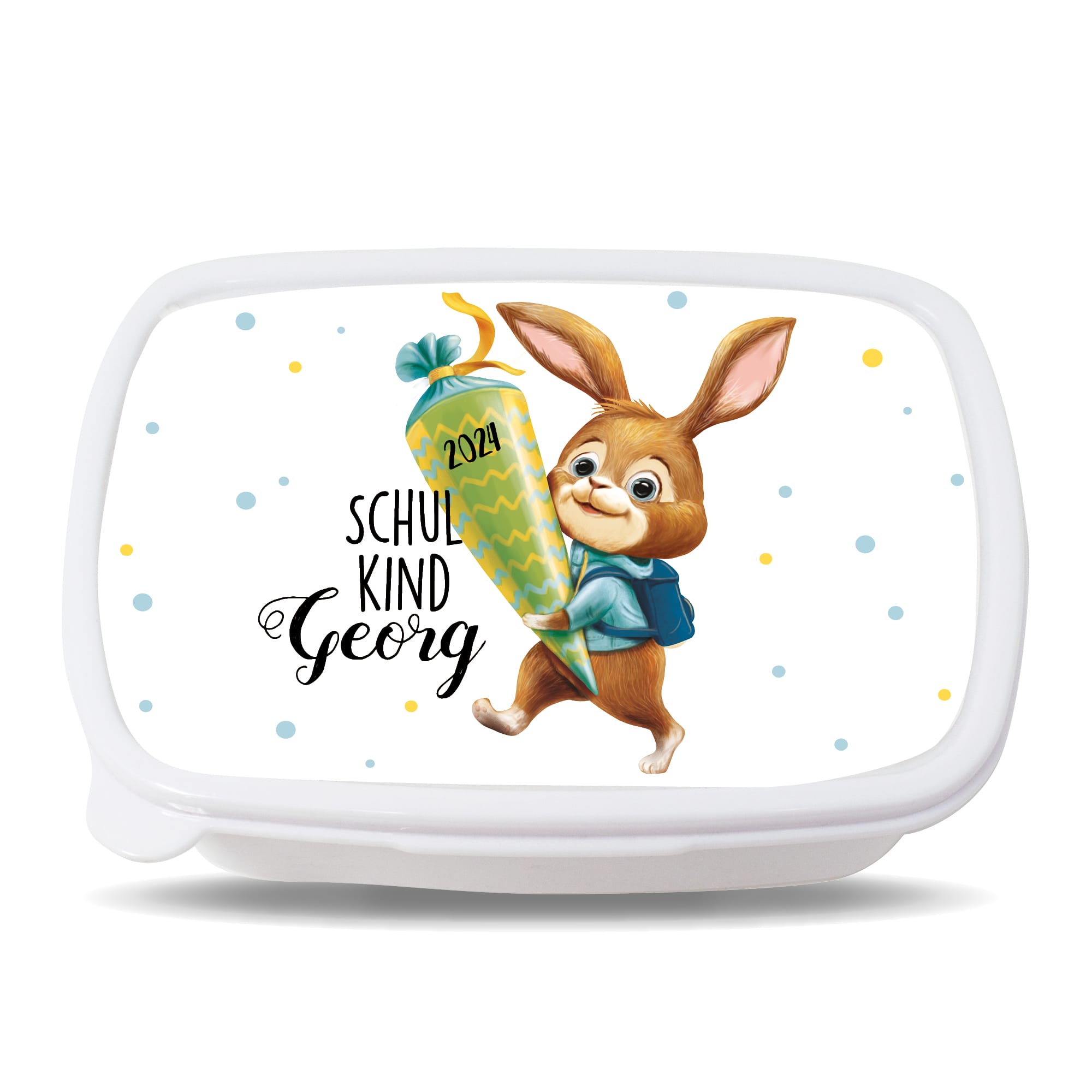 Auf dem Bild ist das Produkt: Personalisierte Brotdose Hase mit Schultüte anpassbar mit Namen kratz- und bruchsicher Geschenk Einschulung Schulanfang zum Preis von €19.9 abgebildet.