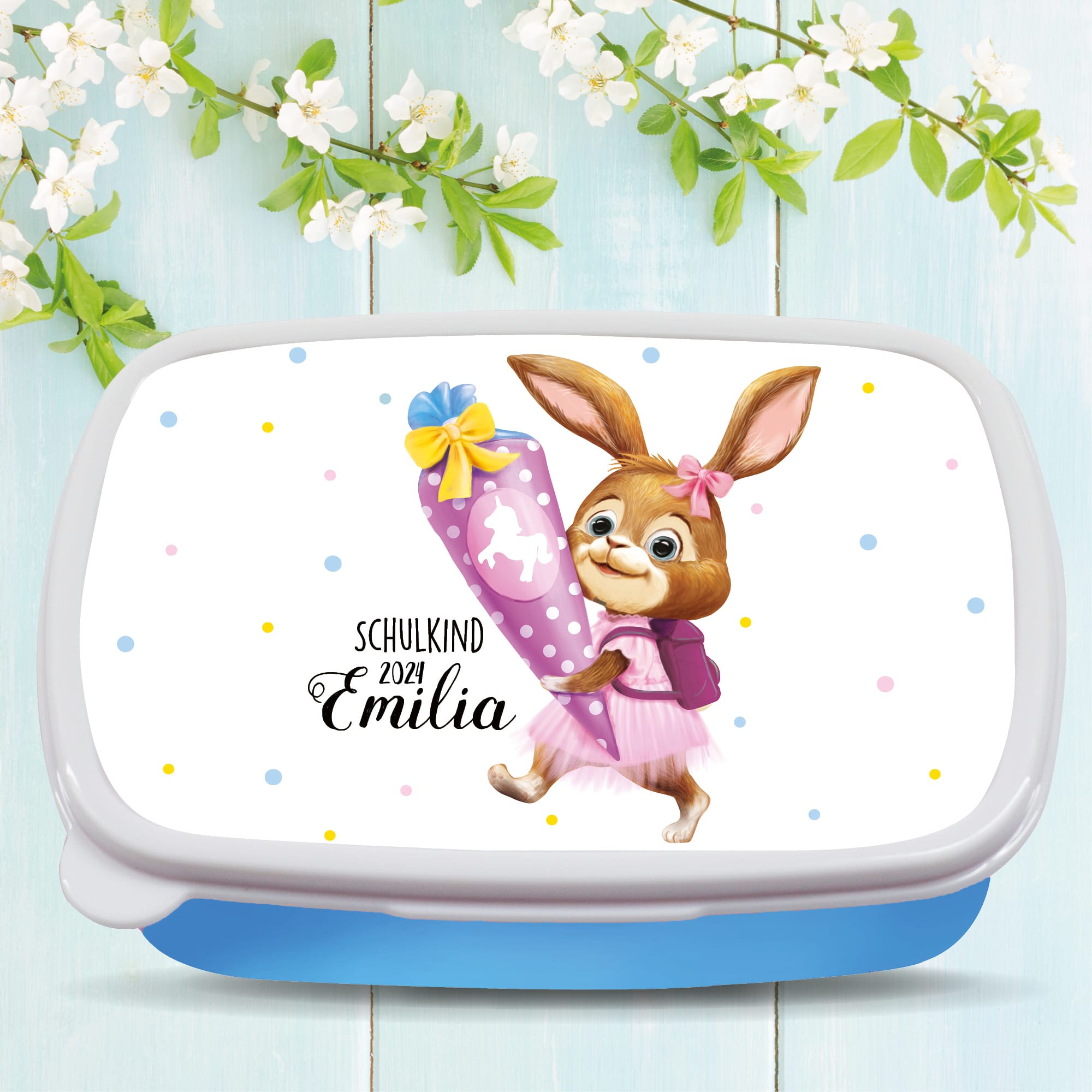 Auf dem Bild ist das Produkt: Personalisierte Brotdose Hase Schultüte anpassbar mit Wunschnamen kratz- und bruchsicher Geschenk Einschulung Schulanfang zum Preis von €19.9 abgebildet.