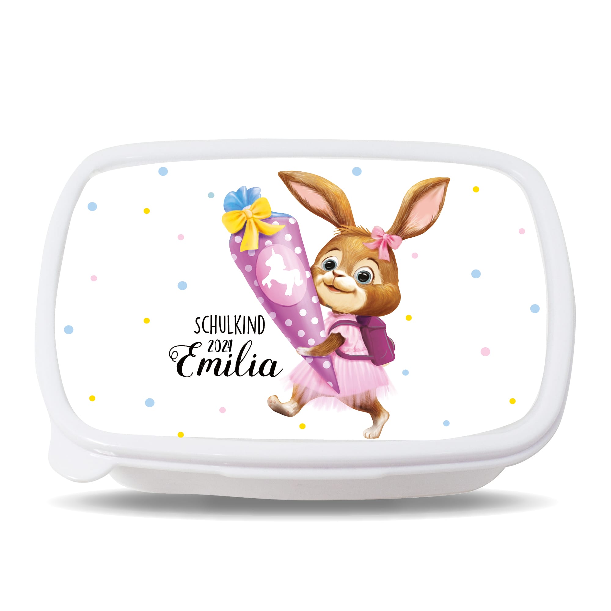 Auf dem Bild ist das Produkt: Personalisierte Brotdose Hase Schultüte anpassbar mit Wunschnamen kratz- und bruchsicher Geschenk Einschulung Schulanfang zum Preis von €19.9 abgebildet.
