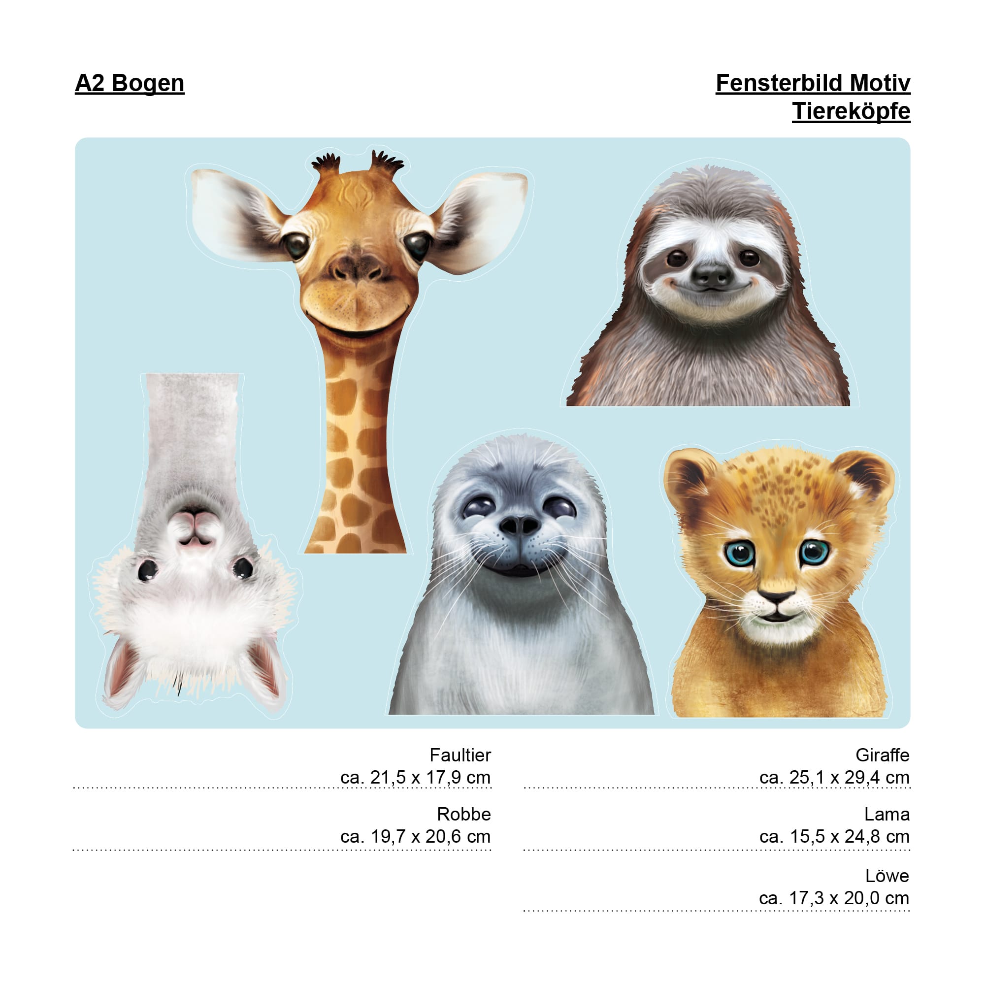 Auf dem Bild ist das Produkt: Fensterbild Frühling Ostern Tierköpfe Robbe Giraffe Faultier Alpaka Löwe Fensterdeko Kinderzimmer Kind, Osterdeko, Frühlingsdeko zum Preis von €13.9 abgebildet.