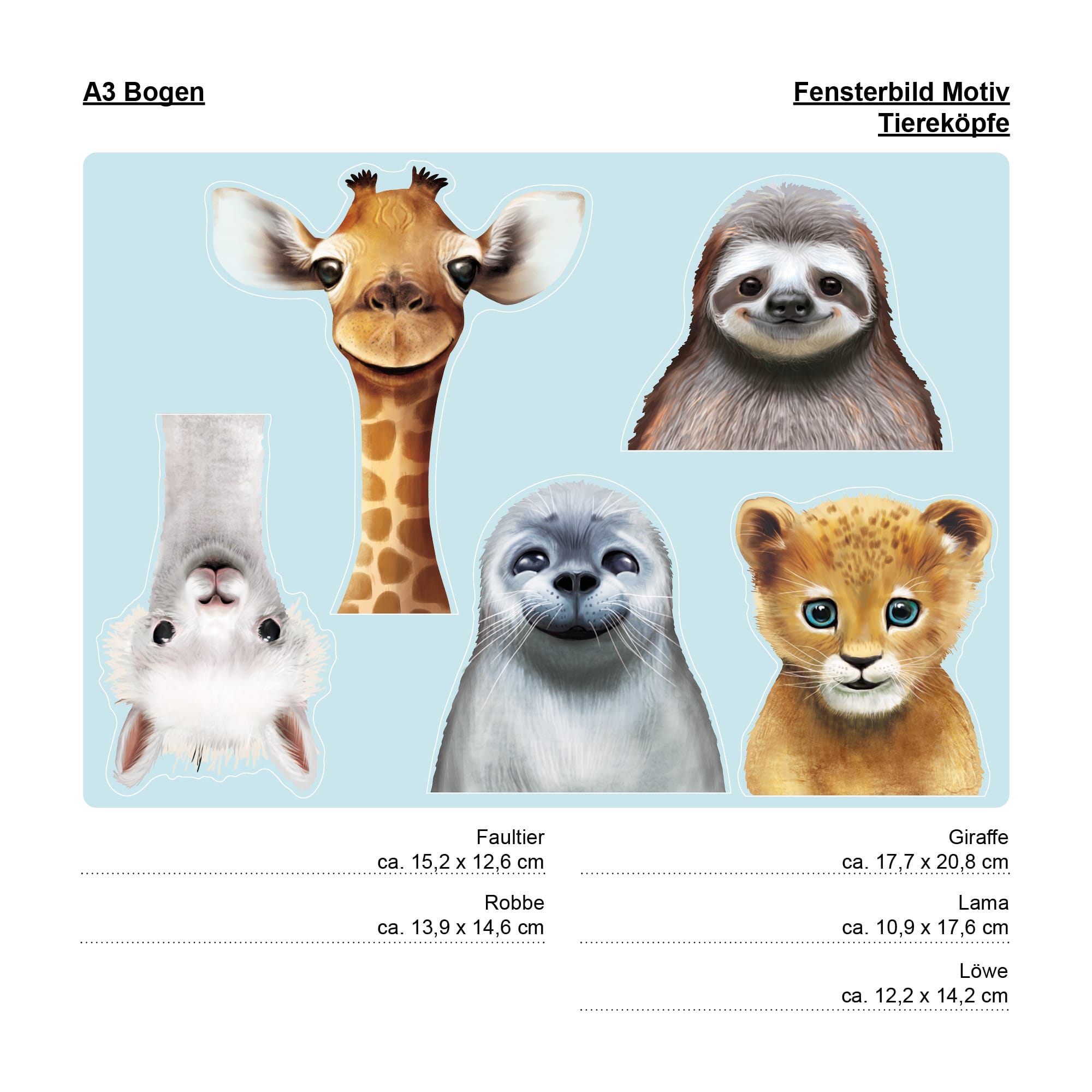 Auf dem Bild ist das Produkt: Fensterbild Frühling Ostern Tierköpfe Robbe Giraffe Faultier Alpaka Löwe Fensterdeko Kinderzimmer Kind, Osterdeko, Frühlingsdeko zum Preis von €13.9 abgebildet.