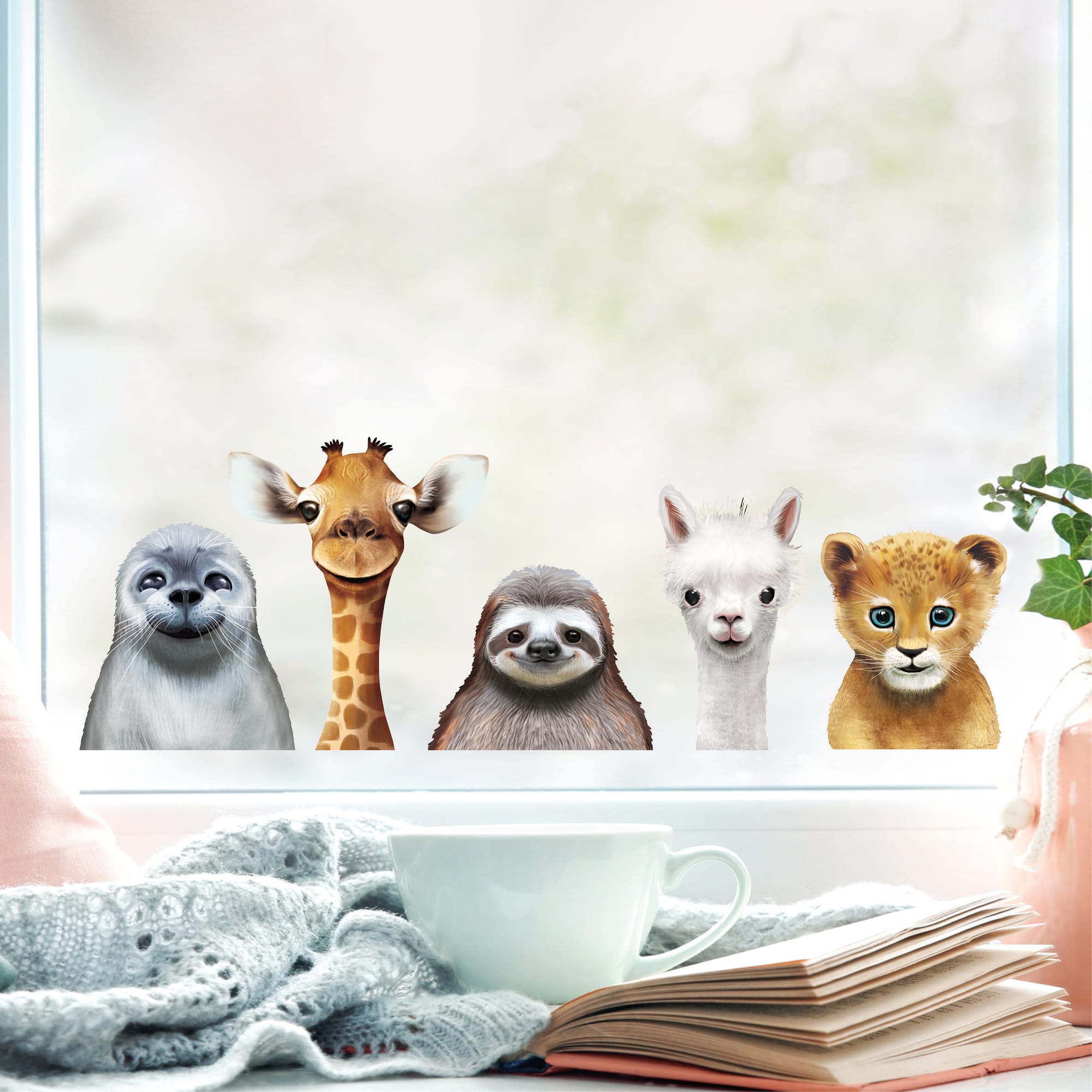 Auf dem Bild ist das Produkt: Fensterbild Frühling Ostern Tierköpfe Robbe Giraffe Faultier Alpaka Löwe Fensterdeko Kinderzimmer Kind, Osterdeko, Frühlingsdeko zum Preis von €13.9 abgebildet.