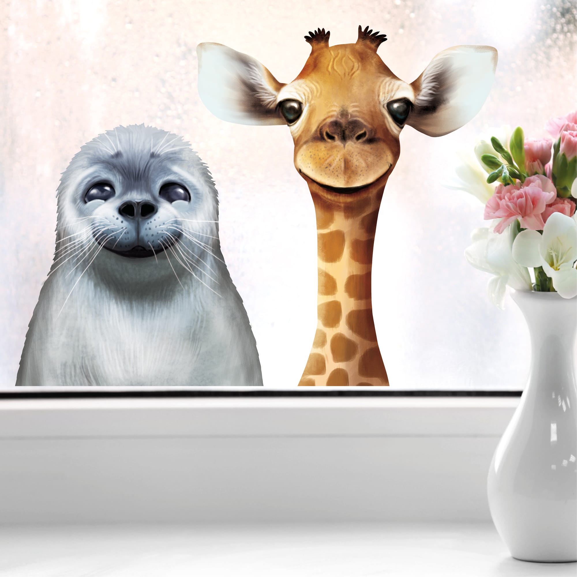 Auf dem Bild ist das Produkt: Fensterbild Frühling Ostern Tierköpfe Robbe Giraffe Faultier Alpaka Löwe Fensterdeko Kinderzimmer Kind, Osterdeko, Frühlingsdeko zum Preis von €13.9 abgebildet.