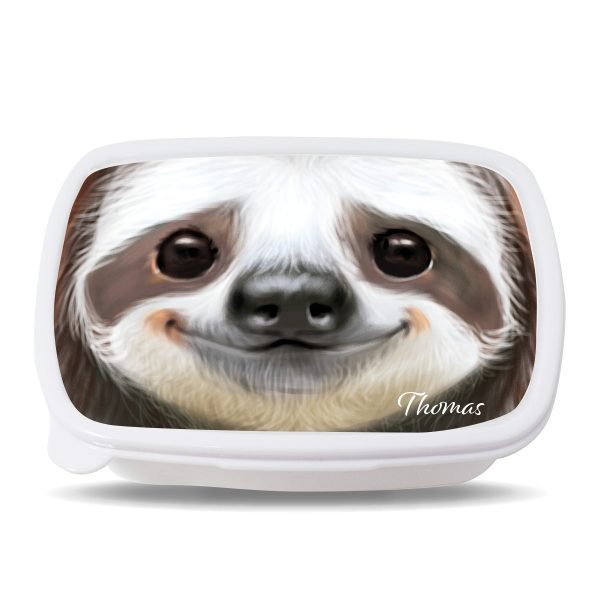 Auf dem Bild ist das Produkt: Brotdose Faultier personalisiert mit dem Wunschnamen, kratz- und bruchsicher, Geschenk Geburtstag, Ostergeschenk zum Preis von €19.9 abgebildet.