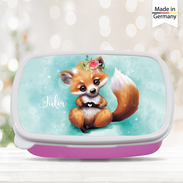 Auf dem Bild ist das Produkt: Brotdose Fuchs mit Herz personalisiert mit dem Wunschnamen, kratz- und bruchsicher, Geschenk Geburtstag, Einschulung zum Preis von €19.9 abgebildet.