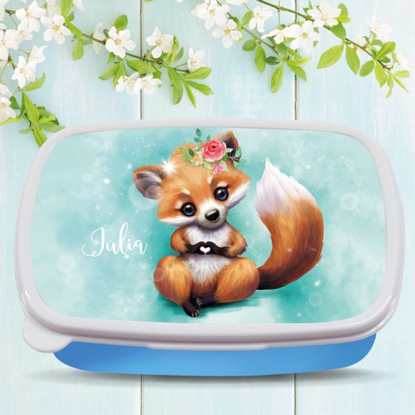 Auf dem Bild ist das Produkt: Brotdose Fuchs mit Herz personalisiert mit dem Wunschnamen, kratz- und bruchsicher, Geschenk Geburtstag, Einschulung zum Preis von €19.9 abgebildet.