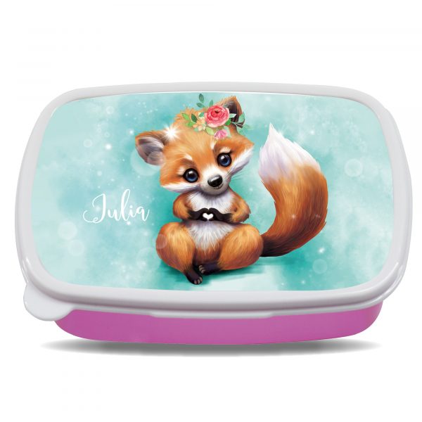 Auf dem Bild ist das Produkt: Brotdose Fuchs mit Herz personalisiert mit dem Wunschnamen, kratz- und bruchsicher, Geschenk Geburtstag, Einschulung zum Preis von €19.9 abgebildet.