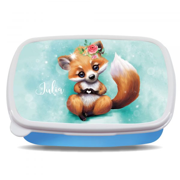 Auf dem Bild ist das Produkt: Brotdose Fuchs mit Herz personalisiert mit dem Wunschnamen, kratz- und bruchsicher, Geschenk Geburtstag, Einschulung zum Preis von €19.9 abgebildet.