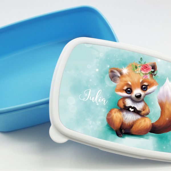 Auf dem Bild ist das Produkt: Brotdose Fuchs mit Herz personalisiert mit dem Wunschnamen, kratz- und bruchsicher, Geschenk Geburtstag, Einschulung zum Preis von €19.9 abgebildet.