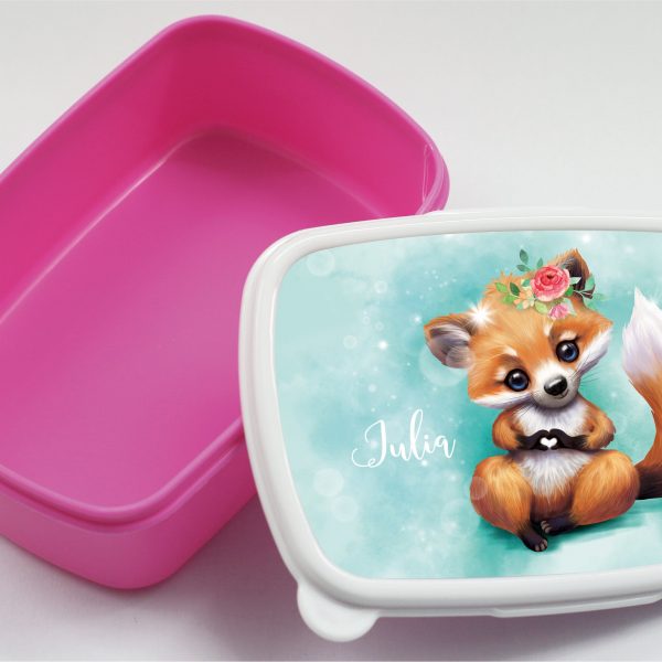 Auf dem Bild ist das Produkt: Brotdose Fuchs mit Herz personalisiert mit dem Wunschnamen, kratz- und bruchsicher, Geschenk Geburtstag, Einschulung zum Preis von €19.9 abgebildet.
