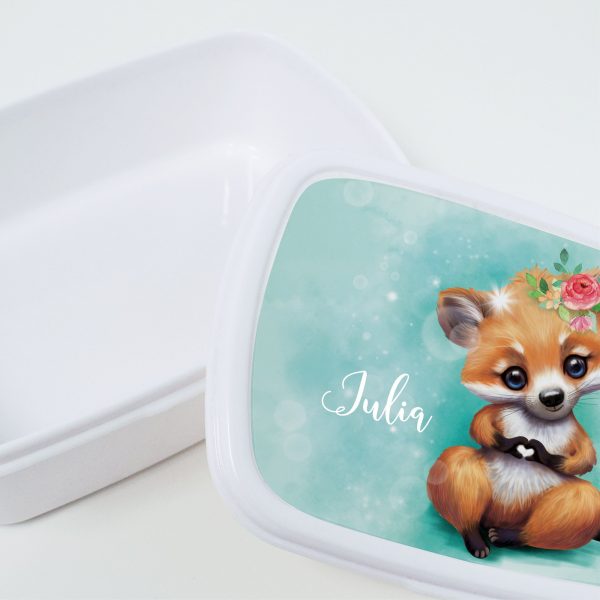 Auf dem Bild ist das Produkt: Brotdose Fuchs mit Herz personalisiert mit dem Wunschnamen, kratz- und bruchsicher, Geschenk Geburtstag, Einschulung zum Preis von €19.9 abgebildet.