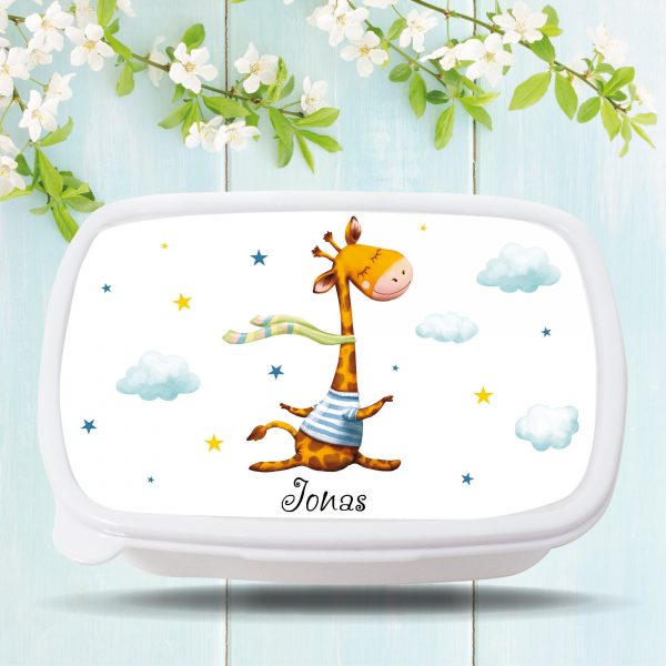 Auf dem Bild ist das Produkt: Brotdose Giraffe personalisiert mit dem Wunschnamen, kratz- und bruchsicher, Geschenk Geburtstag, Ostergeschenk zum Preis von €19.9 abgebildet.