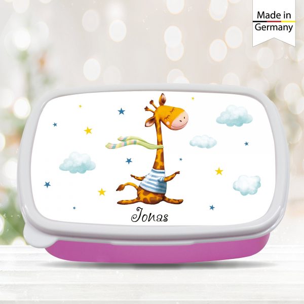 Auf dem Bild ist das Produkt: Brotdose Giraffe personalisiert mit dem Wunschnamen, kratz- und bruchsicher, Geschenk Geburtstag, Ostergeschenk zum Preis von €19.9 abgebildet.