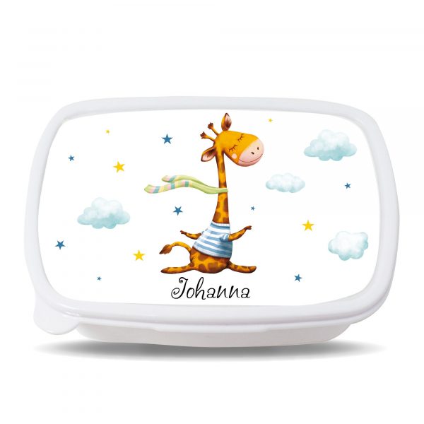 Auf dem Bild ist das Produkt: Brotdose Giraffe personalisiert mit dem Wunschnamen, kratz- und bruchsicher, Geschenk Geburtstag, Ostergeschenk zum Preis von €19.9 abgebildet.