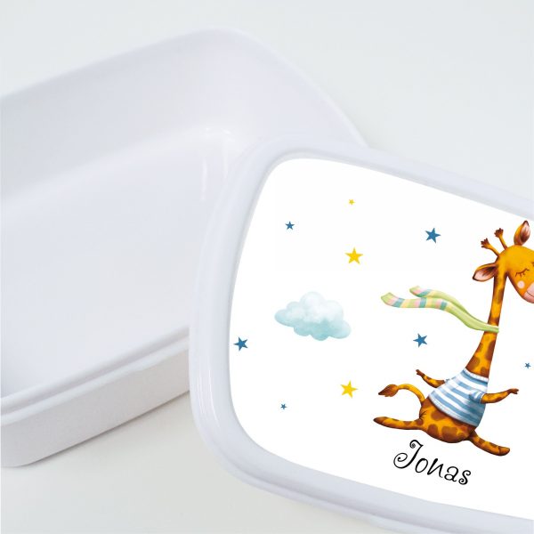 Auf dem Bild ist das Produkt: Brotdose Giraffe personalisiert mit dem Wunschnamen, kratz- und bruchsicher, Geschenk Geburtstag, Ostergeschenk zum Preis von €19.9 abgebildet.