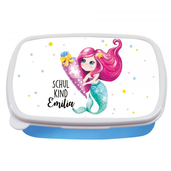 Auf dem Bild ist das Produkt: Brotdose Meerjungfrau mit Schultüte personalisiert mit dem Wunschnamen, kratz- und bruchsicher, Geschenk Einschulung Geburtstag zum Preis von €19.9 abgebildet.