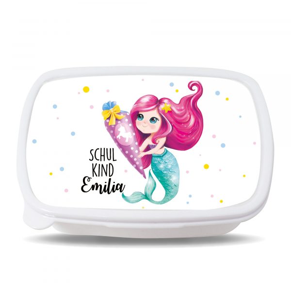 Auf dem Bild ist das Produkt: Brotdose Meerjungfrau mit Schultüte personalisiert mit dem Wunschnamen, kratz- und bruchsicher, Geschenk Einschulung Geburtstag zum Preis von €19.9 abgebildet.