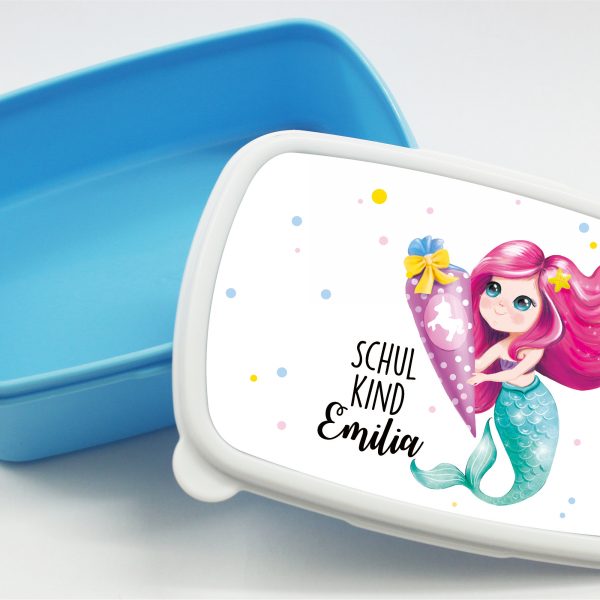 Auf dem Bild ist das Produkt: Brotdose Meerjungfrau mit Schultüte personalisiert mit dem Wunschnamen, kratz- und bruchsicher, Geschenk Einschulung Geburtstag zum Preis von €19.9 abgebildet.