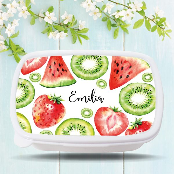 Auf dem Bild ist das Produkt: Brotdose Melone Erdbeere Kiwi Obst personalisiert mit dem Wunschnamen, kratz- und bruchsicher, Geschenk Geburtstag, Ostergeschenk zum Preis von €19.9 abgebildet.