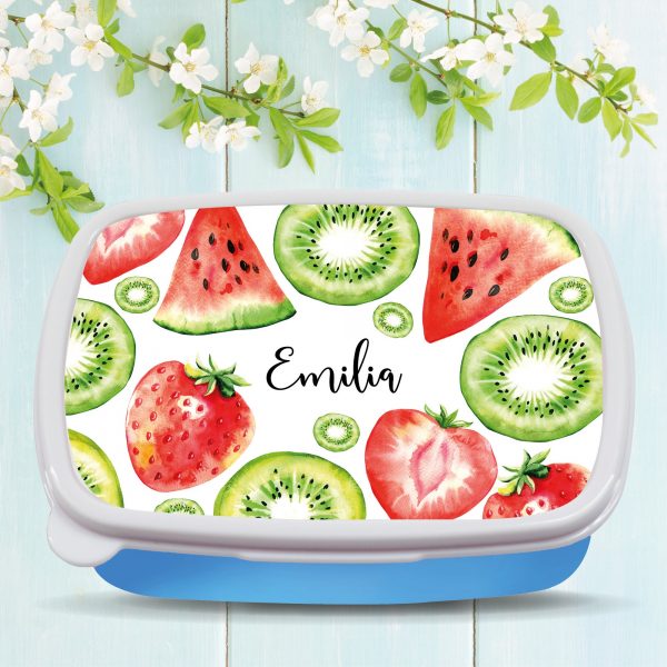 Auf dem Bild ist das Produkt: Brotdose Melone Erdbeere Kiwi Obst personalisiert mit dem Wunschnamen, kratz- und bruchsicher, Geschenk Geburtstag, Ostergeschenk zum Preis von €19.9 abgebildet.