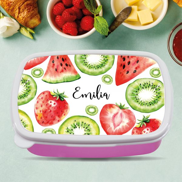 Auf dem Bild ist das Produkt: Brotdose Melone Erdbeere Kiwi Obst personalisiert mit dem Wunschnamen, kratz- und bruchsicher, Geschenk Geburtstag, Ostergeschenk zum Preis von €19.9 abgebildet.