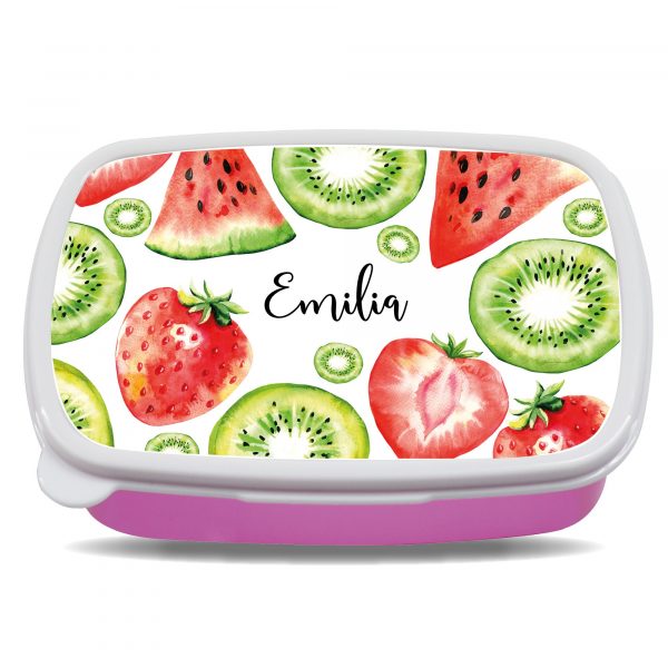 Auf dem Bild ist das Produkt: Brotdose Melone Erdbeere Kiwi Obst personalisiert mit dem Wunschnamen, kratz- und bruchsicher, Geschenk Geburtstag, Ostergeschenk zum Preis von €19.9 abgebildet.