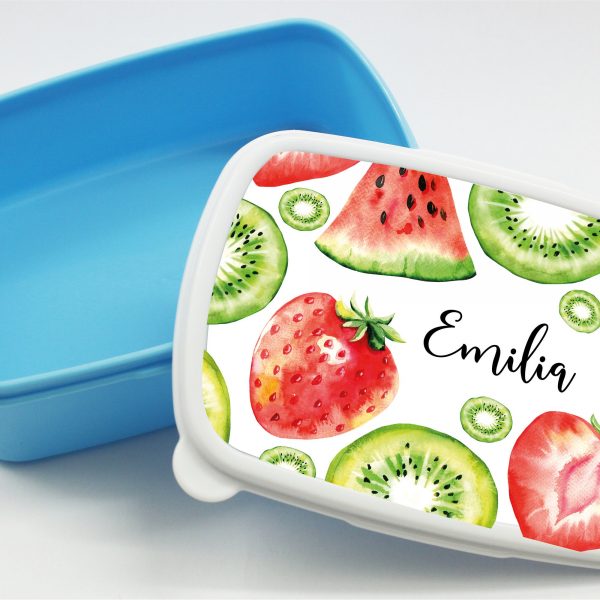 Auf dem Bild ist das Produkt: Brotdose Melone Erdbeere Kiwi Obst personalisiert mit dem Wunschnamen, kratz- und bruchsicher, Geschenk Geburtstag, Ostergeschenk zum Preis von €19.9 abgebildet.