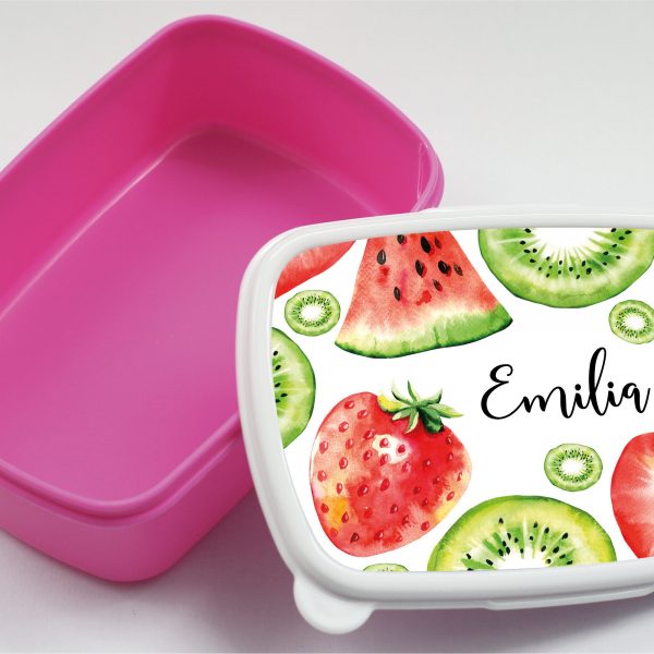 Auf dem Bild ist das Produkt: Brotdose Melone Erdbeere Kiwi Obst personalisiert mit dem Wunschnamen, kratz- und bruchsicher, Geschenk Geburtstag, Ostergeschenk zum Preis von €19.9 abgebildet.