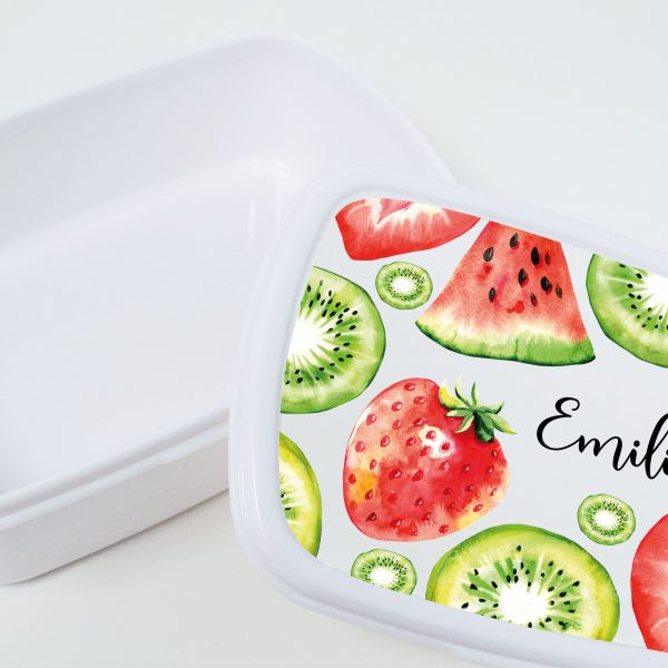 Auf dem Bild ist das Produkt: Brotdose Melone Erdbeere Kiwi Obst personalisiert mit dem Wunschnamen, kratz- und bruchsicher, Geschenk Geburtstag, Ostergeschenk zum Preis von €19.9 abgebildet.