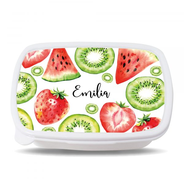 Auf dem Bild ist das Produkt: Brotdose Melone Erdbeere Kiwi Obst personalisiert mit dem Wunschnamen, kratz- und bruchsicher, Geschenk Geburtstag, Ostergeschenk zum Preis von €19.9 abgebildet.