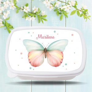 Auf dem Bild ist das Produkt: Brotdose Schmetterling personalisiert mit dem Wunschnamen, kratz- und bruchsicher, Geschenk Geburtstag, Einschulungsgeschenk zum Preis von €19.9 abgebildet.