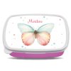 Auf dem Bild ist das Produkt: Brotdose Schmetterling personalisiert mit dem Wunschnamen, kratz- und bruchsicher, Geschenk Geburtstag, Einschulungsgeschenk zum Preis von €19.9 abgebildet.