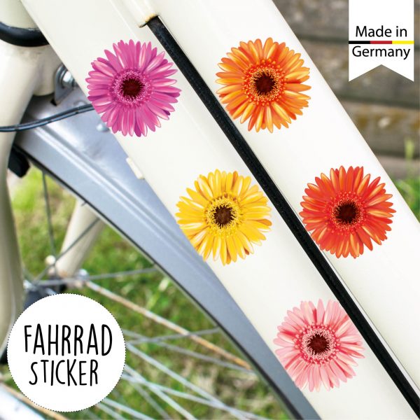 Auf dem Bild ist das Produkt: Fahrradaufkleber 35 farbenfrohe Gerbera Fahrrad Sticker Fahrraddesign Kinderfahrrad, Geschenk im Adventskalender zum Preis von €12.90 abgebildet.