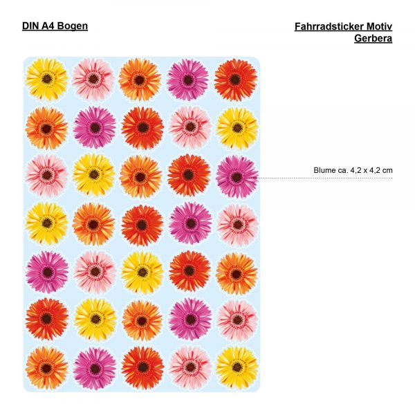 Auf dem Bild ist das Produkt: Fahrradaufkleber 35 farbenfrohe Gerbera Fahrrad Sticker Fahrraddesign Kinderfahrrad, Geschenk im Adventskalender zum Preis von €12.90 abgebildet.