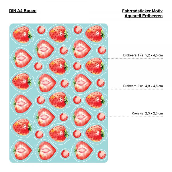 Auf dem Bild ist das Produkt: Fahrradaufkleber 36 Erdbeeren Obst Farbig Fahrrad Sticker Fahrraddesign Kinderfahrrad, Geschenk Geburtstag zum Preis von €12.90 abgebildet.