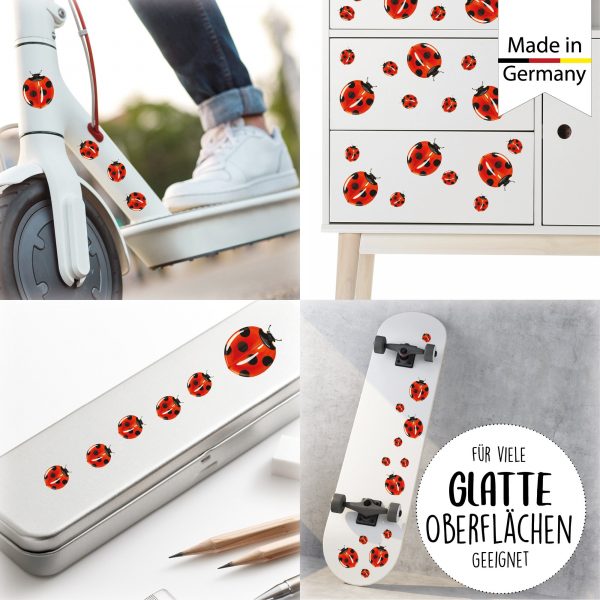 Auf dem Bild ist das Produkt: Fahrradaufkleber 40 Marienkäfer farbig Fahrrad Sticker Fahrraddesign Kinderfahrrad, Geschenk Geburtstag, Einschulung zum Preis von €12.90 abgebildet.