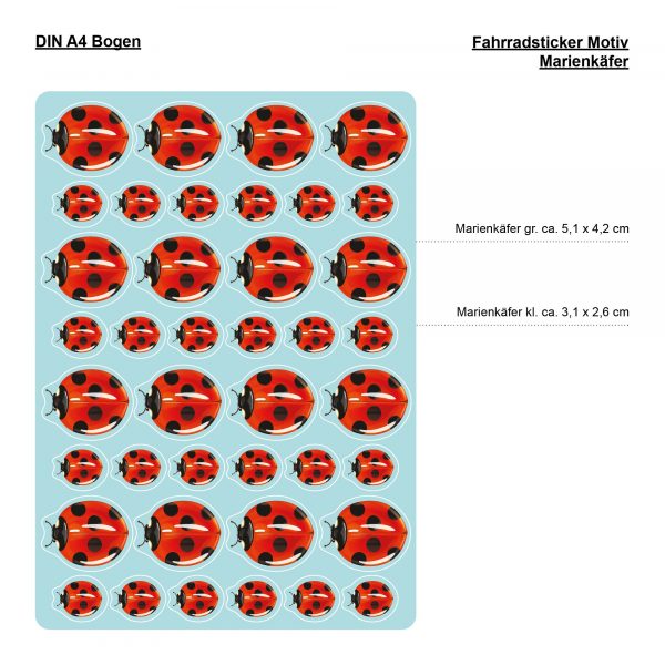 Auf dem Bild ist das Produkt: Fahrradaufkleber 40 Marienkäfer farbig Fahrrad Sticker Fahrraddesign Kinderfahrrad, Geschenk Geburtstag, Einschulung zum Preis von €12.90 abgebildet.