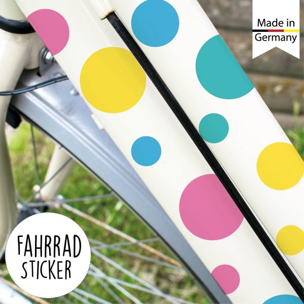 Auf dem Bild ist das Produkt: Fahrradaufkleber 42 Kreise Pastellfarbe Fahrrad Sticker Fahrraddesign Kinderfahrrad Fahrradgestaltung Geschenk Schulanfang zum Preis von €12.90 abgebildet.