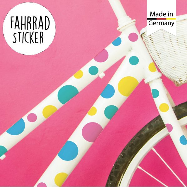Auf dem Bild ist das Produkt: Fahrradaufkleber 42 Kreise Pastellfarbe Fahrrad Sticker Fahrraddesign Kinderfahrrad Fahrradgestaltung Geschenk Schulanfang zum Preis von €12.90 abgebildet.