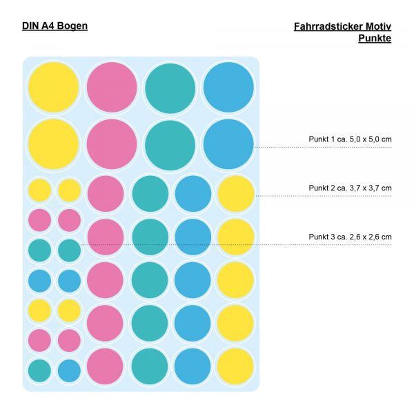 Auf dem Bild ist das Produkt: Fahrradaufkleber 42 Kreise Pastellfarbe Fahrrad Sticker Fahrraddesign Kinderfahrrad Fahrradgestaltung Geschenk Schulanfang zum Preis von €12.90 abgebildet.
