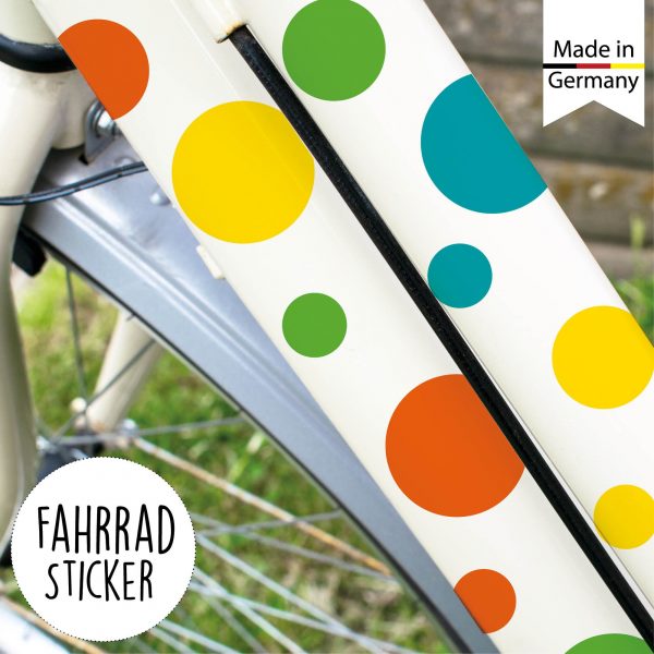 Auf dem Bild ist das Produkt: Fahrradaufkleber 42 Kreise Punkte Fahrrad Sticker Fahrraddesign Kinderfahrrad, Geschenk Geburtstag zum Preis von €12.90 abgebildet.