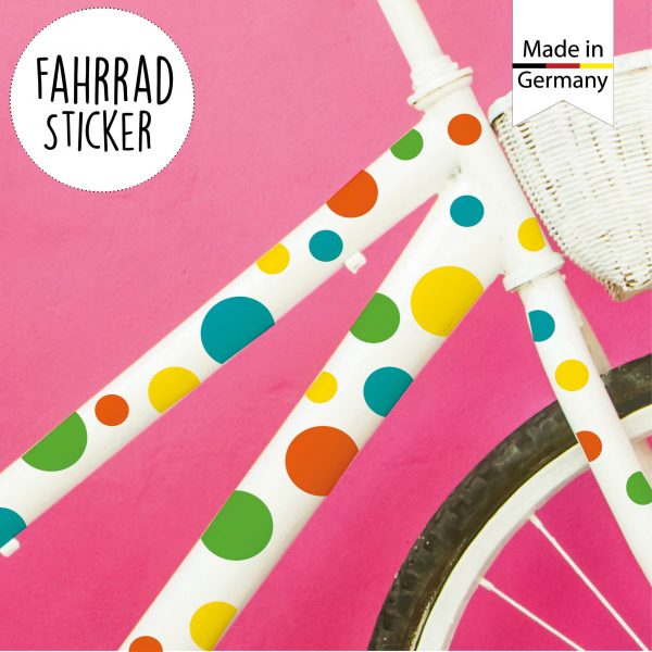 Auf dem Bild ist das Produkt: Fahrradaufkleber 42 Kreise Punkte Fahrrad Sticker Fahrraddesign Kinderfahrrad, Geschenk Geburtstag zum Preis von €12.90 abgebildet.