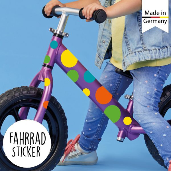 Auf dem Bild ist das Produkt: Fahrradaufkleber 42 Kreise Punkte Fahrrad Sticker Fahrraddesign Kinderfahrrad, Geschenk Geburtstag zum Preis von €12.90 abgebildet.