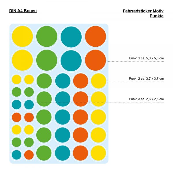 Auf dem Bild ist das Produkt: Fahrradaufkleber 42 Kreise Punkte Fahrrad Sticker Fahrraddesign Kinderfahrrad, Geschenk Geburtstag zum Preis von €12.90 abgebildet.