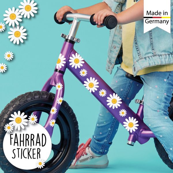 Auf dem Bild ist das Produkt: Fahrradaufkleber 64 Gänseblümchen Farbig Fahrrad Sticker Fahrraddesign Kinderfahrrad Geburtstag Bike Einschulung zum Preis von €16.90 abgebildet.